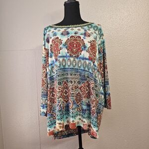 Jessica Max Vibrant Tunic Blouse Sz 2X Made USA Embellished Boat Neck Boho N129